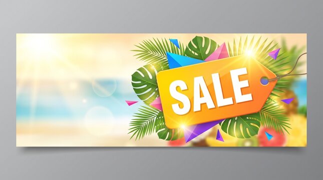 Summer SALE Promotion Banner with Bright Tropical Colors and Discount Tag