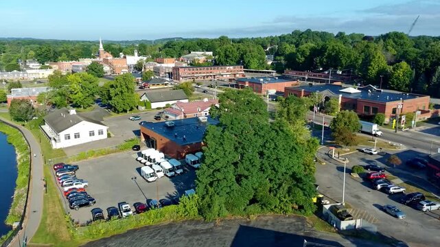 Aerial view of the small village of Baldwinsville, New York situated along the Seneca River