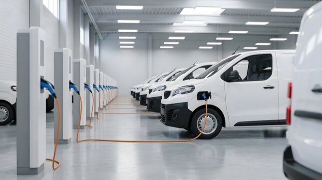 White electric delivery vans charging at industrial facility for sustainable fleet logistics.