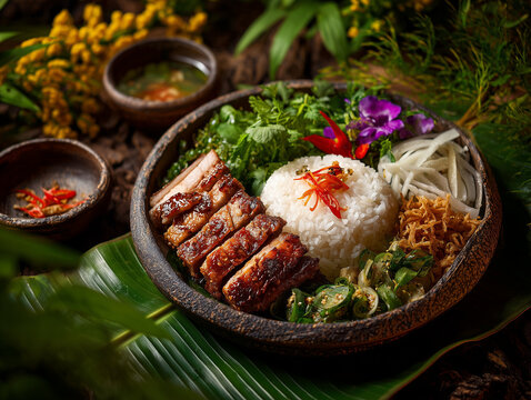 Traditional com tam broken rice with grilled pork and pickled vegetables, luxury restaurant presentation, National Day Vietnam atmosphere, ultra realistic, no people
