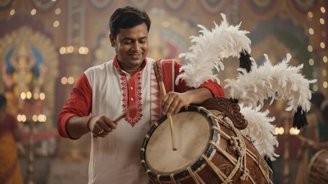 Bengali Man Playing Dhak Drum Decorated with White Feathers During Durga Puja Festival Celebration