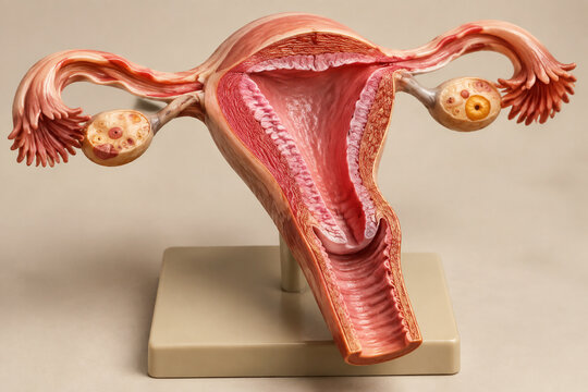 Anatomical model of uterus cross-section showing endometrium, female reproductive system and education concept
