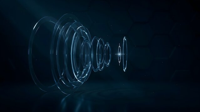 Digital targeting reticle with illuminated blue focus rings in space &ndash; Ideal for high tech user interface, targeting systems, or optical technology.