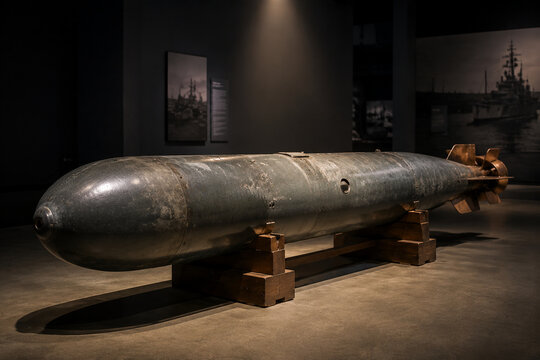 Decommissioned naval torpedo on wooden display cradles in museum, naval history concept