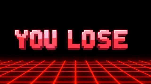 Retro 80s style pixel art arcade game over screen with neon red grid and YOU LOSE text