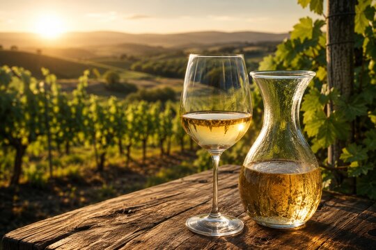 Ein Glas Wei&szlig;wein im Weinberg