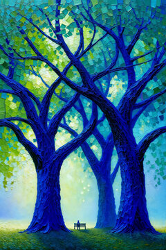 Oil Painting of Man Sitting Bench Under Majestic Blue Trees Impressionism