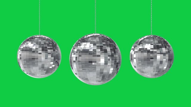 disco balls rotating isolated green screen loop animation, chroma key 3d music party night and concert social media motion design element
