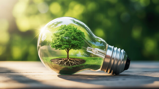 Sustainable green energy concept featuring a small tree growing inside a clear light bulb on wood with a blurred natural background