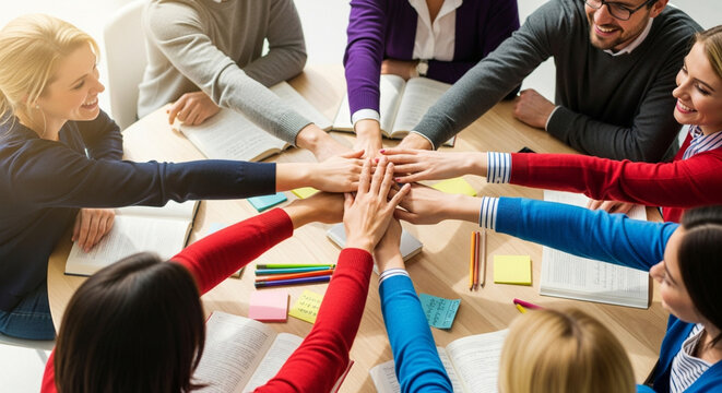 Diverse business team stacking hands in a circle at table, symbolizing unity and successful teamwork