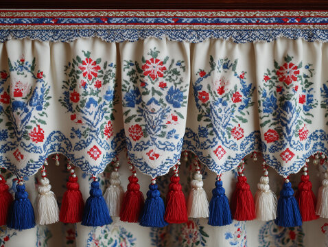 Traditional Slovak folk decoration with embroidered textiles, ceramic ornaments, national flag accents, Constitution Day celebration theme, premium interior styling, photorealistic, ultra detailed, 8k