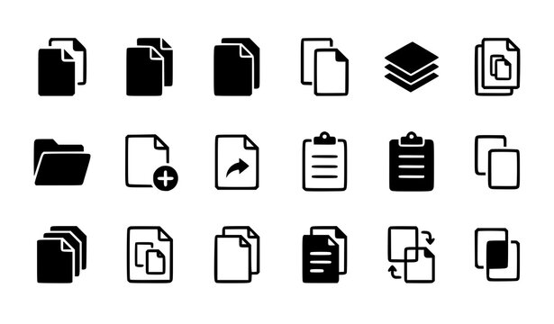 Copy and duplicate vector icon collection with black document file and page duplication symbols