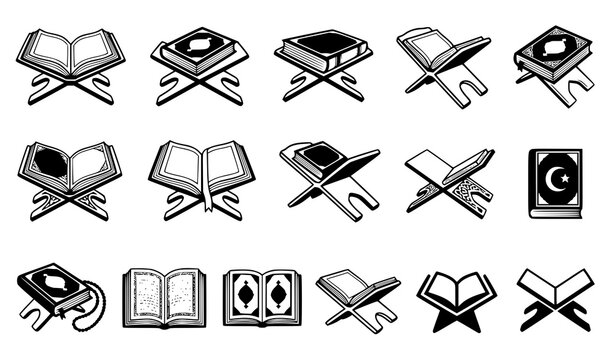 Open Holy Quran on rehal stand black and white vector illustrations for Islamic prayer and religious design
