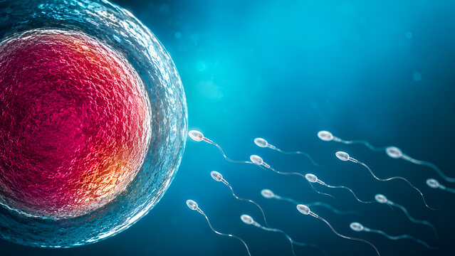 Human egg cell and sperm approach ovum for fertilization, reproductive medicine, IVF fertility treatment and conception.