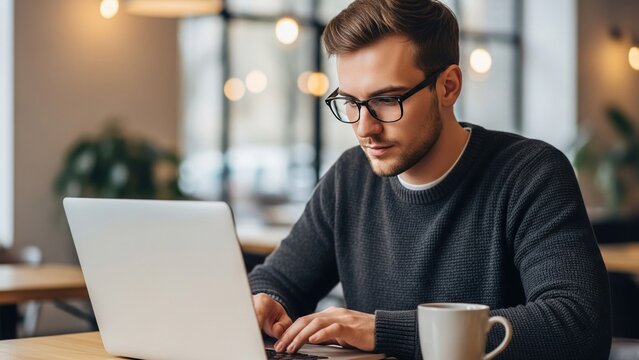 Young man working on laptop computer in a cafe