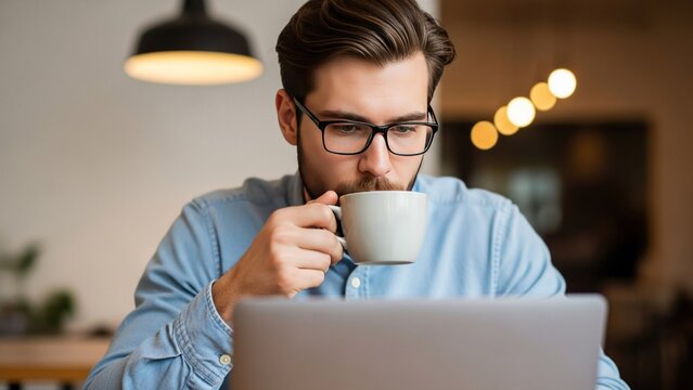 Young Man Drinking Coffee While Working on Laptop in Cafe