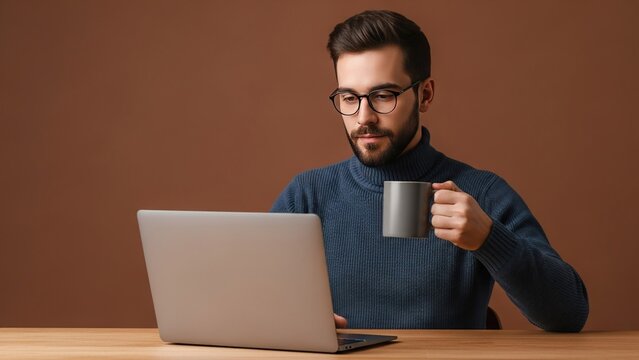 Young man with glasses working on laptop and holding coffee cup