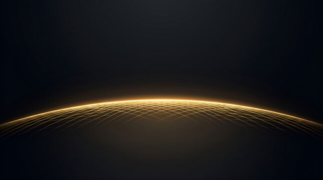 Abstract golden glowing grid mesh curved like a planet horizon on dark background