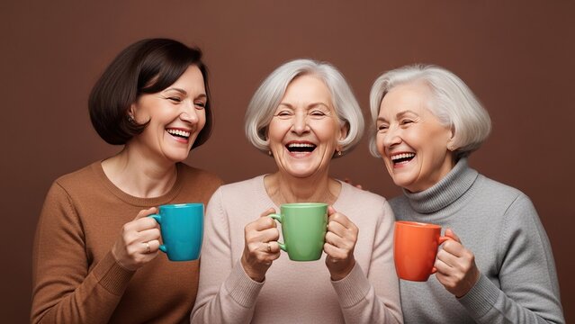 Three Happy Generations of Women Laughing Together with Colorful Mugs