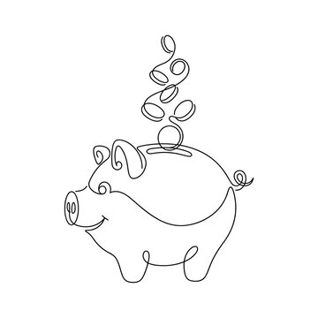 Piggy bank with falling coins, minimalist one line art drawing, financial savings concept vector