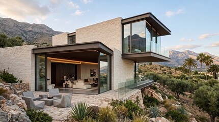 Fototapeta premium Contemporary modern concrete cliffside villa with open living room view of mountains