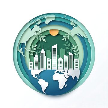 Layered Paper-Cut Poster of a Green Globe Enclosing a Sustainable City