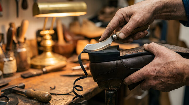 Cobbler using curved leather knife to trim excess rubber sole during shoe repair in workshop.