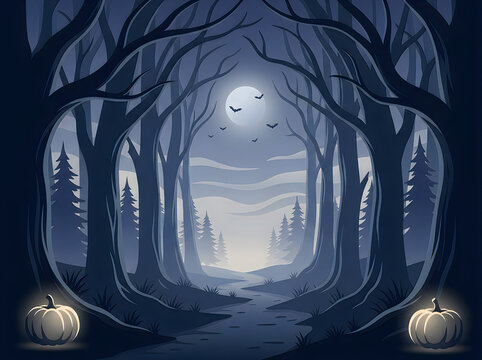Full moon shining in a dark spooky forest with pumpkins on a white background