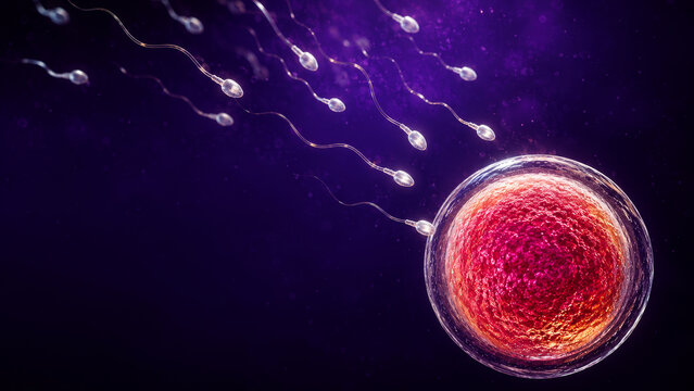 Human egg cell and sperm approach ovum for fertilization, reproductive medicine, IVF fertility treatment and conception.