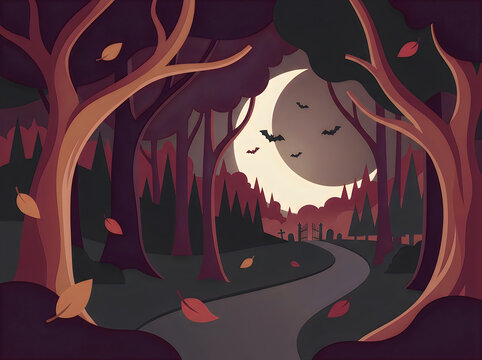 Full moon shining over a dark forest path with falling autumn leaves illustration