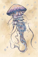 Vintage Jellyfish Illustration on Textured Background © irma