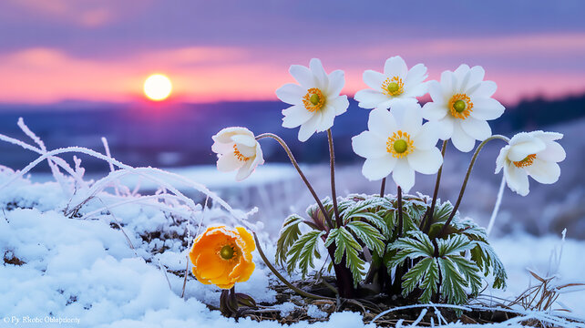 Spring anemone and adonis flowers blooming in snow during a vibrant winter sunset
