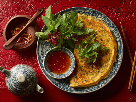 Vietnamese banh xeo crispy savory pancake with herbs and dipping sauce, festive red table accents, premium food styling, no humans