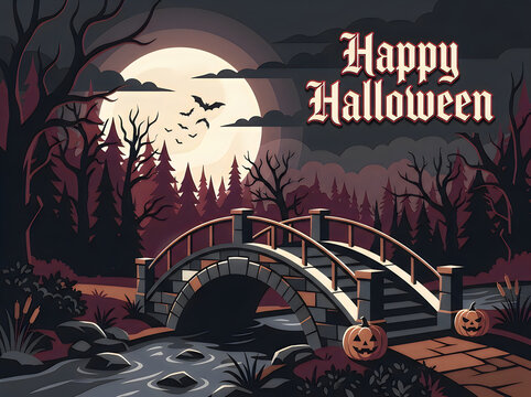 Happy halloween greeting card with a spooky bridge in a dark forest at night