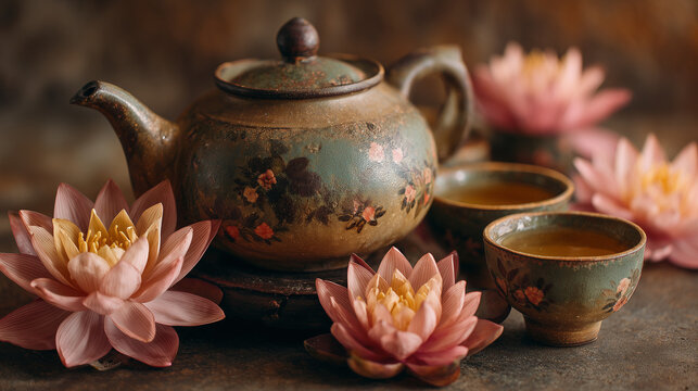 Vietnamese lotus tea served in traditional ceramic teapot with lotus flowers, National Day celebration styling, premium stock image, no humans