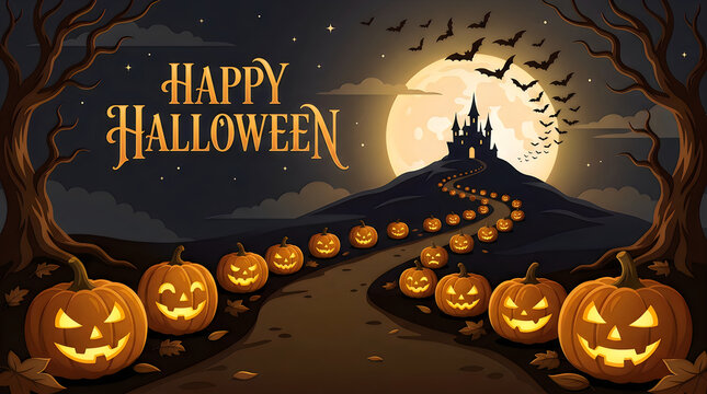 Happy halloween greeting with glowing jack o lanterns and a spooky dark castle