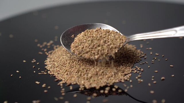 Ajwain Seeds with a Spoon on Black Background, Close-up View of Carom Seeds, Spice for Culinary and Medicinal Use