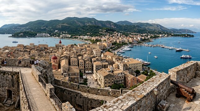 In Corfu, Greece, a panoramic view of historic buildings and the Old Town is visible from the old Venetian fortress