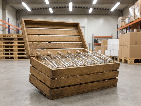 Open wooden crate holding clear glass wine bottles cushioned in straw padding on warehouse concrete floor for winery storage and distribution