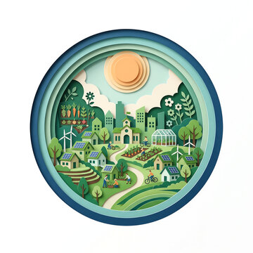Paper-Cut Art Poster of a Globe Enclosing a Sustainable Eco-Village