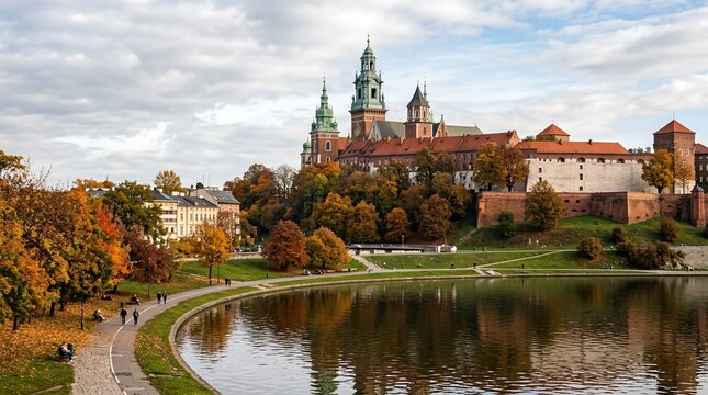 The Wawel Cathedral, part of the Wawel Castle complex in Krakow, Poland, is set against an autumn landscape along the Wisła River