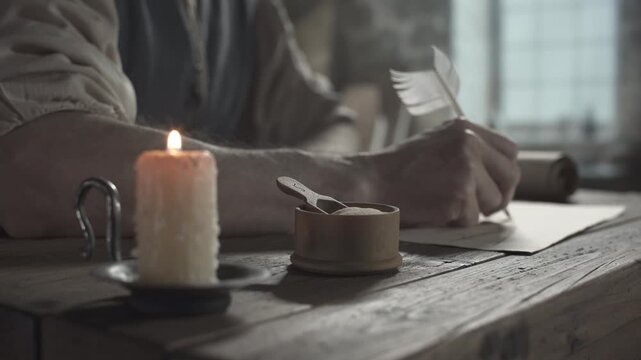 Wooden ink sander with a small scoop near a burning candle against the blurred background of a medieval inventor drawing a flying machine blueprint with a quill pen