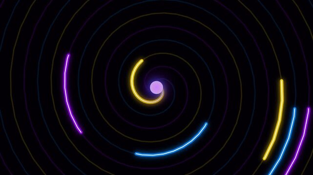 Abstract animation of neon light streaks rotating in a spiral motion around a glowing central point