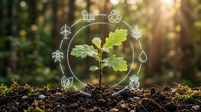Green oak sprout growing from dark soil surrounded by renewable energy and recycling icons in a sunny forest for sustainable future and ESG business concept