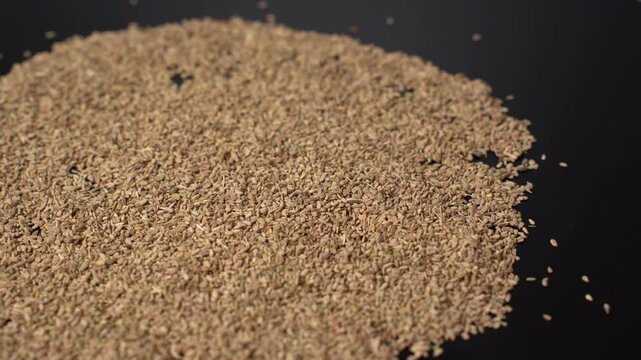 Close Up of Hand Dropping Ajwain Seeds onto a Pile of Seeds on a Dark Surface, Ideal for Food and Cooking Concepts