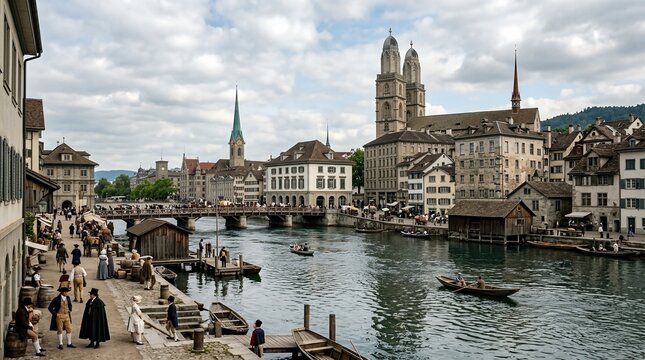 In the old town skyline of Zurich, Switzerland, overlooks the Limmat River