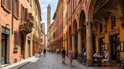 Fototapeta premium A medieval street with a portico, surrounded by brightly colored houses in Bologna's Old Town on a sunny day in Emilia‑Romagna, Italy