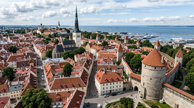 From above, the Fat Margaret tower and St Olaf's church are seen in Tallinn's Old Town (Vanalinn), Estonia's capital and a Baltic State