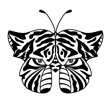 Gothic butterfly tattoo illustration with tiger and bird pattern isolated on white