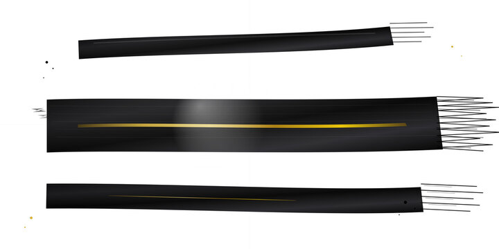Set of three abstract black horizontal banners with gold line accents on transparent background